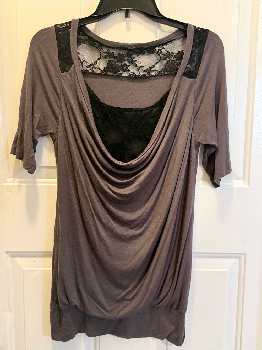 Draped Taupe Tunic with Black Lace Inset Size Medium